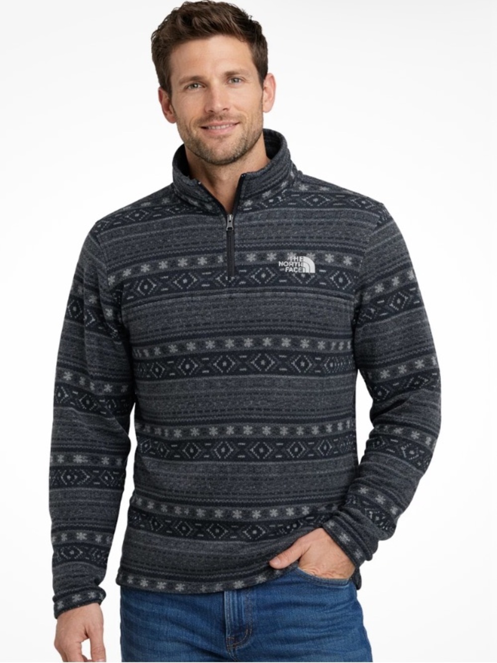 North Face Tsillan 1/4-Zip Fleece Pullover Sweater Jacket Mens Large Grey White